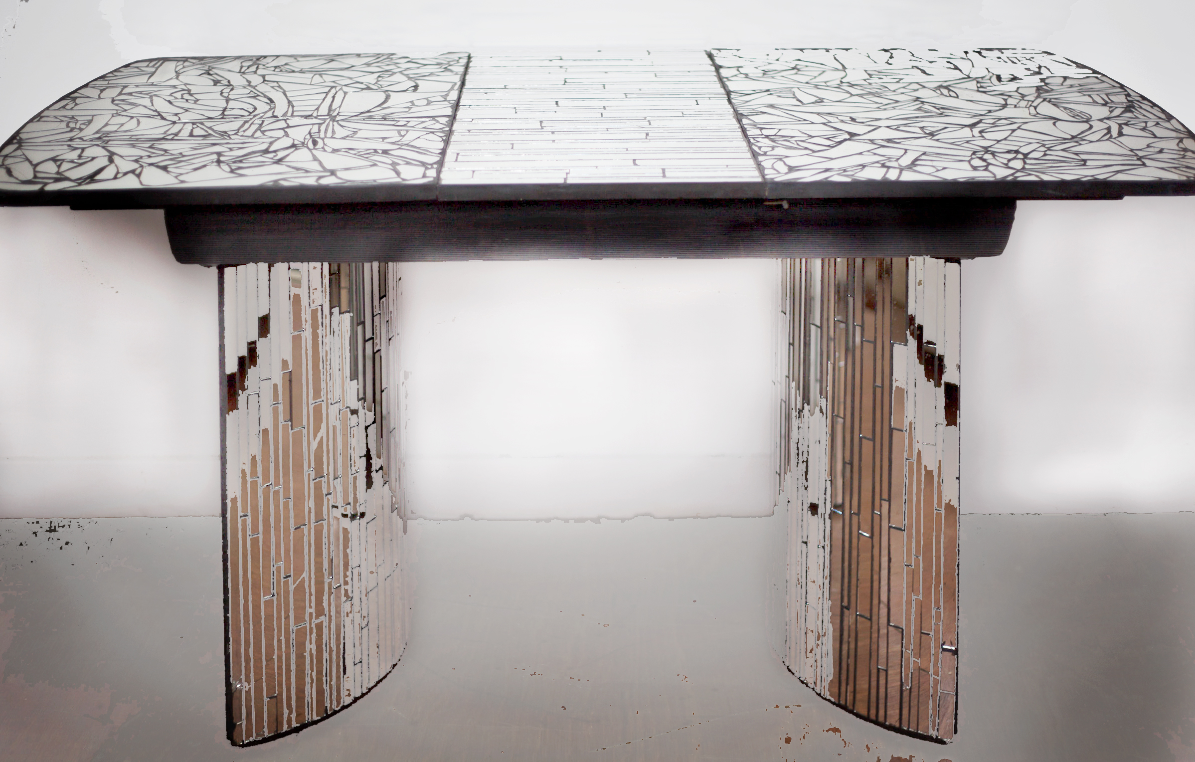 'tau table' mirror, and rubber on wood.